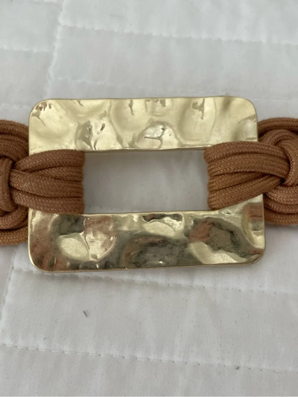 Vintage 80s Braided Cord Belt Artsy Boho Costal Large Hammered Metal Buckle Gold